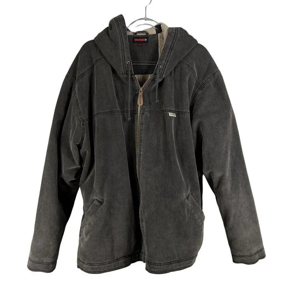 Wolverine Mens XXL Duck Hooded Full-Zip Chore Jacket Sherpa Lined Gray Outerwear